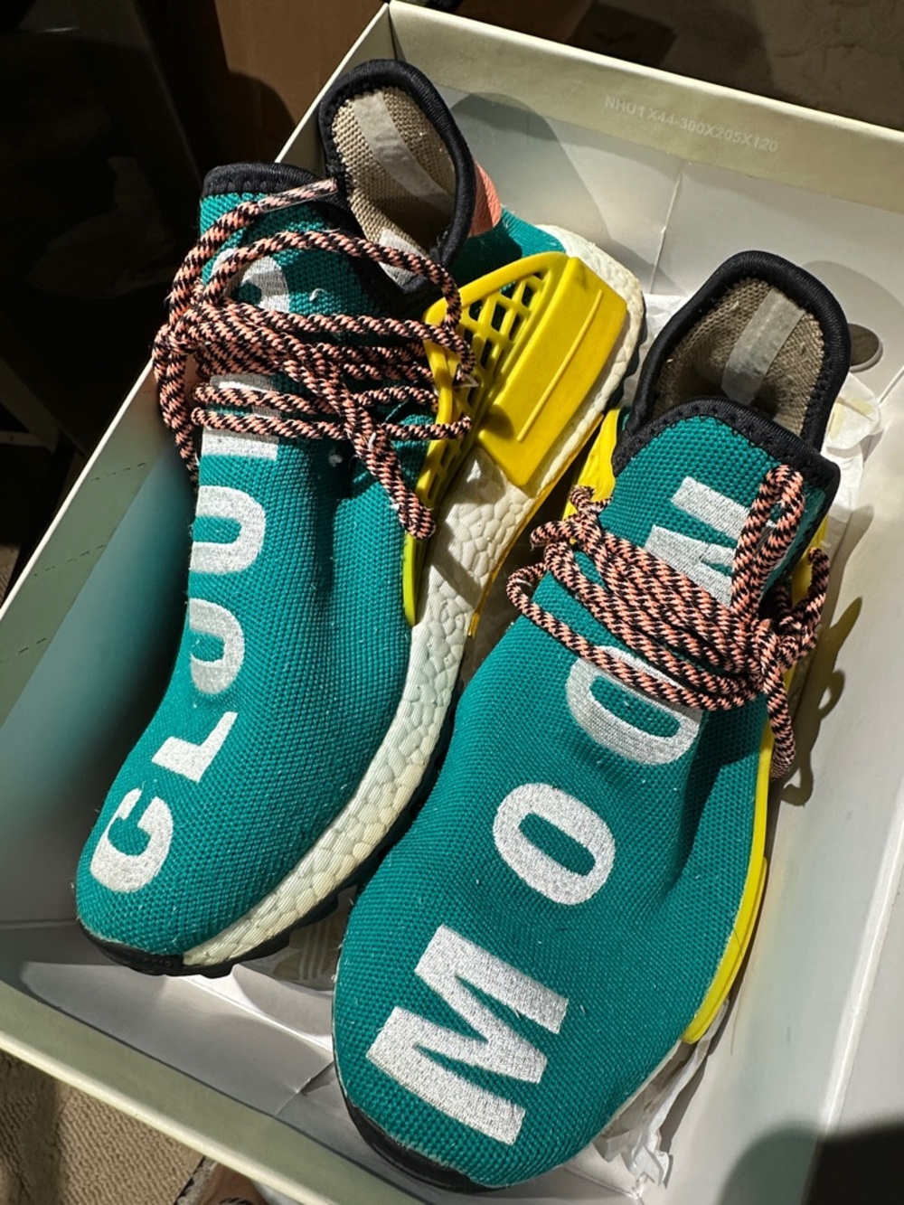 adidas Teal Knit Human Race Sneakers with Yellow Cage and Peach-Black Laces